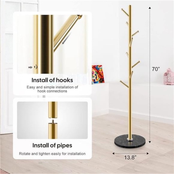Gold Coat Rack Stand, Stainless Steel Freestanding Coat Tree Hanger with 8 Hooks - Picture 3 of 6